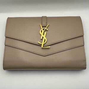 Saint Laurent YSL Envelope Wallet Chain WOC Taupe Grain Leather Gold Hardware